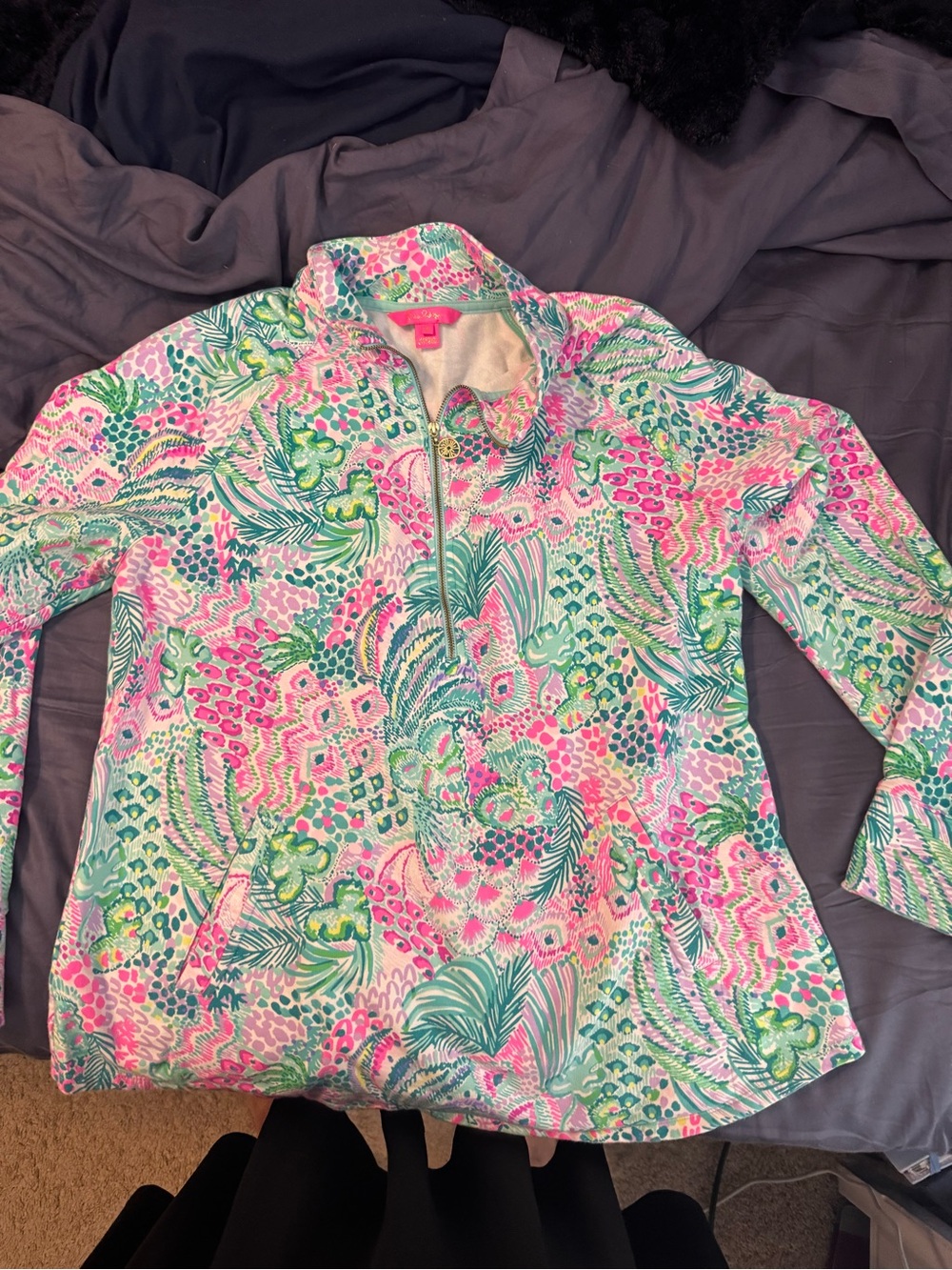 Lilly Pulitzer Girls Pink & Green Tropical Quarter-Zip Pullover